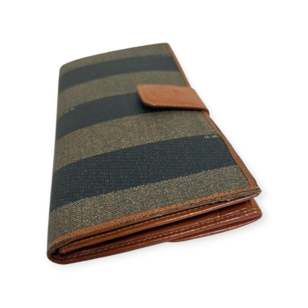 Fendi Pequin Stripe Canvas Leather Wallet Brown Navy Vintage COA - Picture 4 of 15